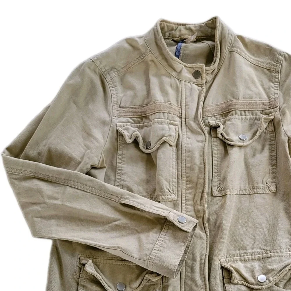 Womens Free People Seize The Day Button Zip-up Khaki Military Jacket Army M Boho - Picture 1 of 11